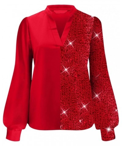 Sequin Shirts for Women Long Sleeve Fashion Color Block V Neck Glitter Sparkly Party Night Disco Pullover Tops Blouse Red $14...