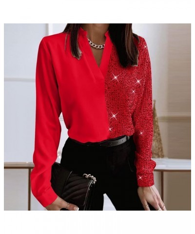 Sequin Shirts for Women Long Sleeve Fashion Color Block V Neck Glitter Sparkly Party Night Disco Pullover Tops Blouse Red $14...