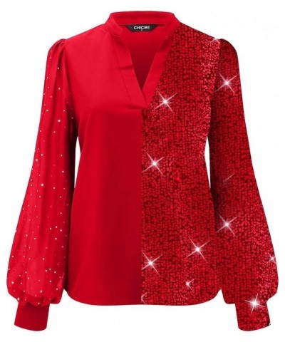 Sequin Shirts for Women Long Sleeve Fashion Color Block V Neck Glitter Sparkly Party Night Disco Pullover Tops Blouse Red $14...