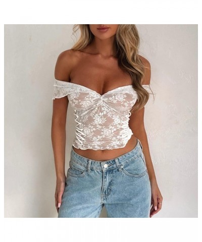 Women 2 Piece Outfits Skirt Set Sexy Y2k Lace Cutout See Through Long Sleeve Tops Bodycon Mini Skirt Going Out Outfits White-...