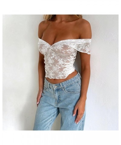 Women 2 Piece Outfits Skirt Set Sexy Y2k Lace Cutout See Through Long Sleeve Tops Bodycon Mini Skirt Going Out Outfits White-...