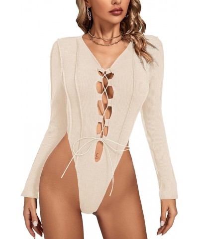 Women's Sexy V Neck Long Sleeve Cut Out Criss Cross Lace up Front Party Leotard Bodysuit Top Beige $15.68 Bodysuits