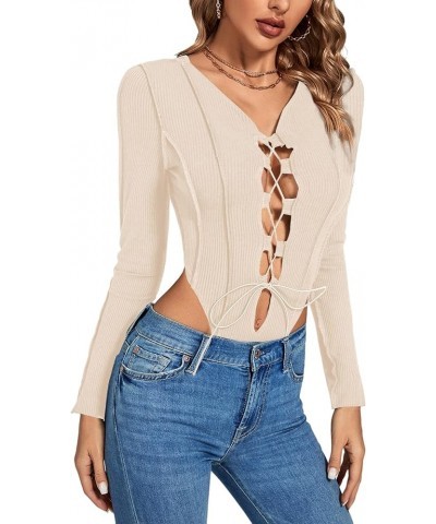 Women's Sexy V Neck Long Sleeve Cut Out Criss Cross Lace up Front Party Leotard Bodysuit Top Beige $15.68 Bodysuits