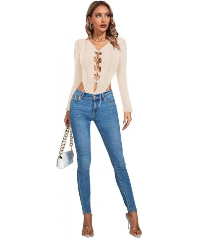 Women's Sexy V Neck Long Sleeve Cut Out Criss Cross Lace up Front Party Leotard Bodysuit Top Beige $15.68 Bodysuits