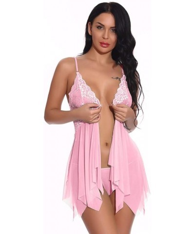 Lingerie for Women Lace Lingerie Front Closure Babydoll V Neck Nightwear Sexy Chemise Nightie Sleepwear Z01-pink $8.29 Lingerie