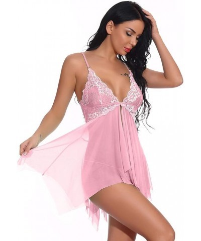 Lingerie for Women Lace Lingerie Front Closure Babydoll V Neck Nightwear Sexy Chemise Nightie Sleepwear Z01-pink $8.29 Lingerie