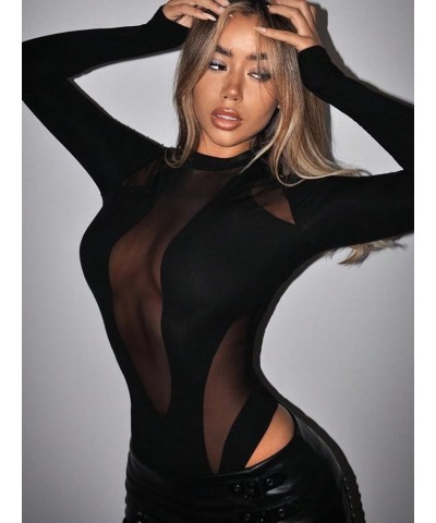 Women's Sheer Mesh Long Sleeve Stretchy Bodysuit Jumpsuit Pure Black $15.65 Bodysuits