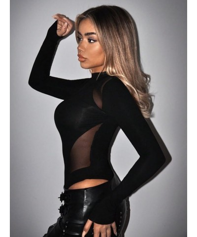 Women's Sheer Mesh Long Sleeve Stretchy Bodysuit Jumpsuit Pure Black $15.65 Bodysuits