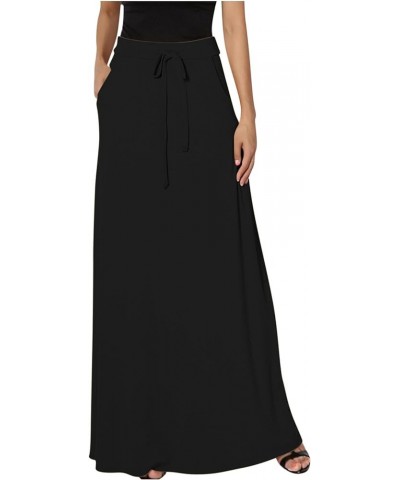 Women's Drawstring Elastic High Waisted Maxi Skirt Solid Loose Casual Basic A-Line Ankle Length Skirts with Pockets Black $6....