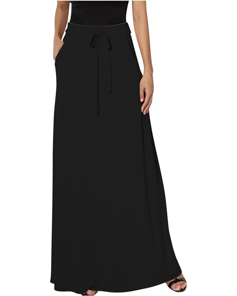 Women's Drawstring Elastic High Waisted Maxi Skirt Solid Loose Casual Basic A-Line Ankle Length Skirts with Pockets Black $6....