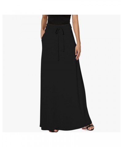 Women's Drawstring Elastic High Waisted Maxi Skirt Solid Loose Casual Basic A-Line Ankle Length Skirts with Pockets Black $6....