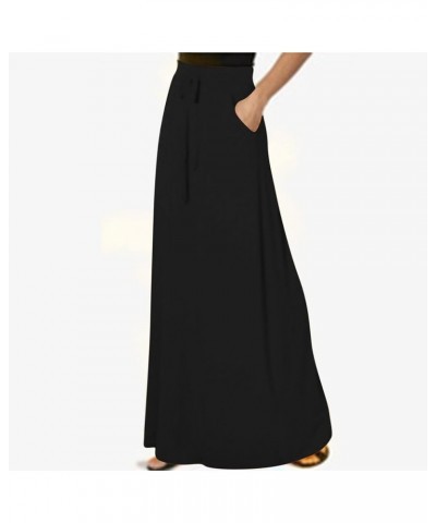 Women's Drawstring Elastic High Waisted Maxi Skirt Solid Loose Casual Basic A-Line Ankle Length Skirts with Pockets Black $6....