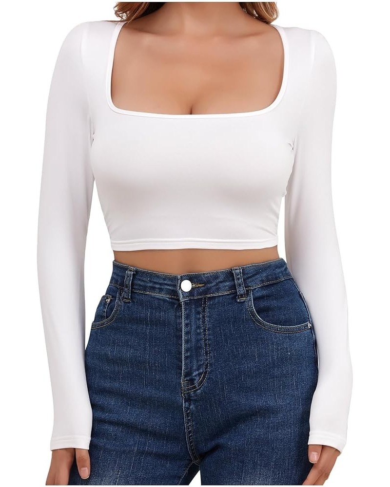 Women's Fashion Square Neck Long Sleeve Slim Fit Open Navel T-Shirt Top White $10.25 T-Shirts