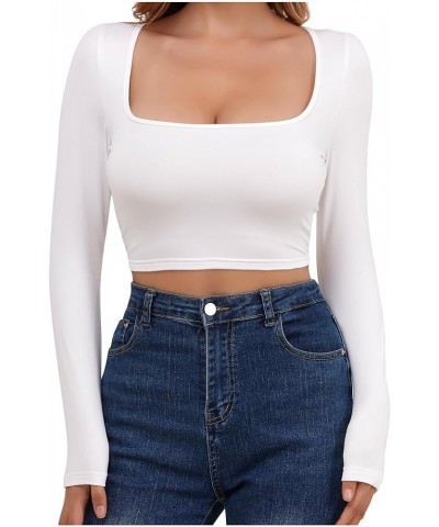 Women's Fashion Square Neck Long Sleeve Slim Fit Open Navel T-Shirt Top White $10.25 T-Shirts