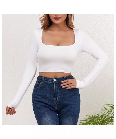 Women's Fashion Square Neck Long Sleeve Slim Fit Open Navel T-Shirt Top White $10.25 T-Shirts