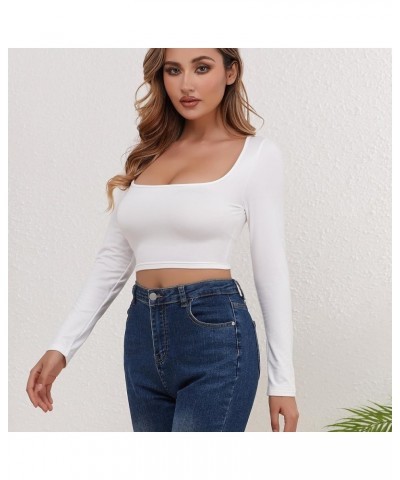 Women's Fashion Square Neck Long Sleeve Slim Fit Open Navel T-Shirt Top White $10.25 T-Shirts