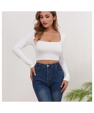 Women's Fashion Square Neck Long Sleeve Slim Fit Open Navel T-Shirt Top White $10.25 T-Shirts