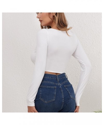 Women's Fashion Square Neck Long Sleeve Slim Fit Open Navel T-Shirt Top White $10.25 T-Shirts