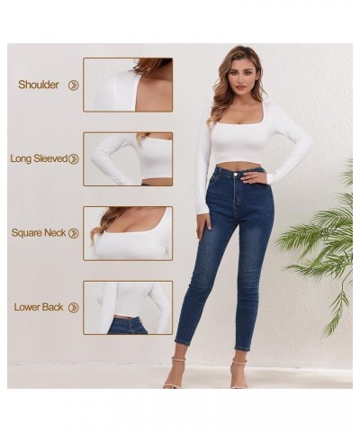 Women's Fashion Square Neck Long Sleeve Slim Fit Open Navel T-Shirt Top White $10.25 T-Shirts