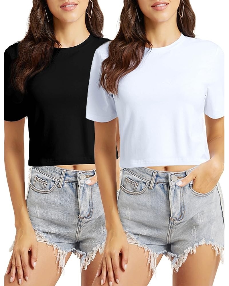 Women's Casual Loose Short Sleeve Crop Top Basic Solid Crop Crew Neck Tee Shirts 115-2 Packs-white+black/O-neck $9.20 T-Shirts