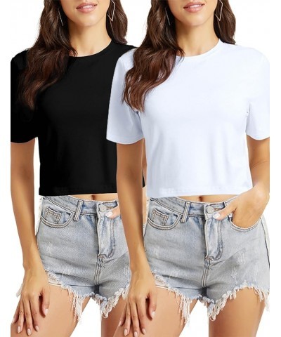 Women's Casual Loose Short Sleeve Crop Top Basic Solid Crop Crew Neck Tee Shirts 115-2 Packs-white+black/O-neck $9.20 T-Shirts