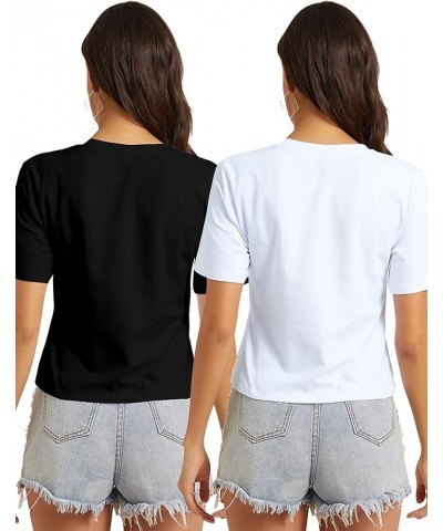 Women's Casual Loose Short Sleeve Crop Top Basic Solid Crop Crew Neck Tee Shirts 115-2 Packs-white+black/O-neck $9.20 T-Shirts