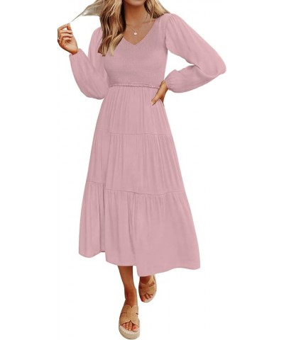 Women's 2024 Casual Long Sleeve Smocked Dress V Neck High Waist Ruffle Tiered Midi Dresses Dark Pink $21.00 Dresses