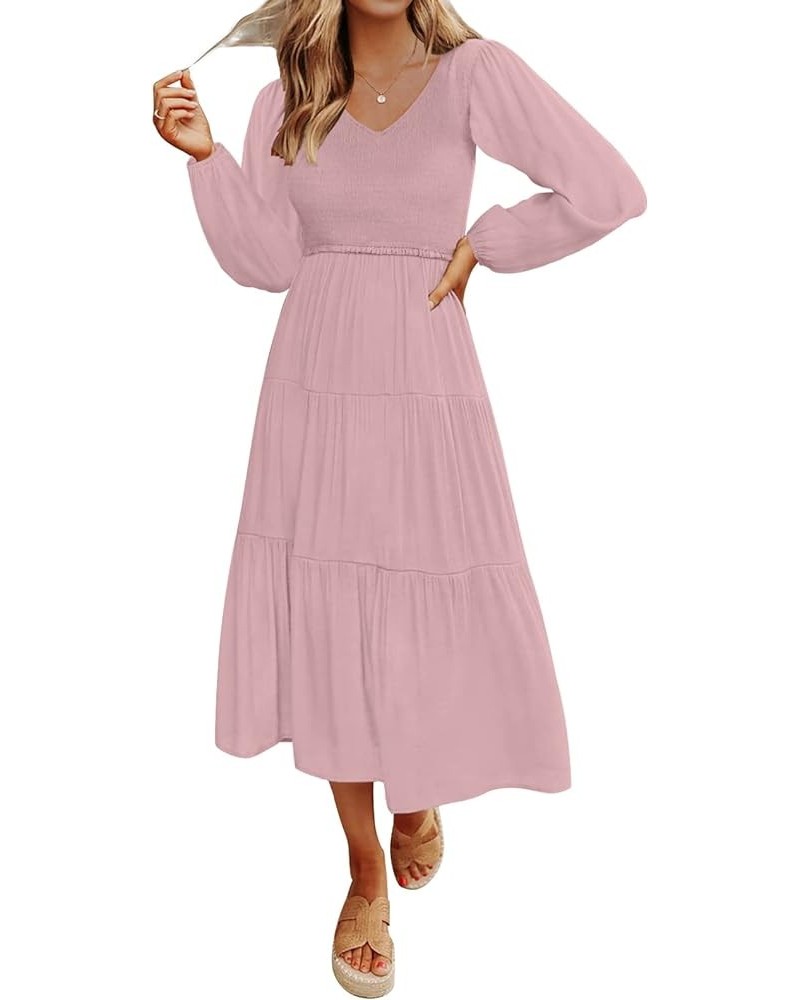 Women's 2024 Casual Long Sleeve Smocked Dress V Neck High Waist Ruffle Tiered Midi Dresses Dark Pink $21.00 Dresses