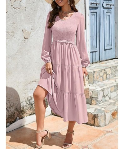 Women's 2024 Casual Long Sleeve Smocked Dress V Neck High Waist Ruffle Tiered Midi Dresses Dark Pink $21.00 Dresses