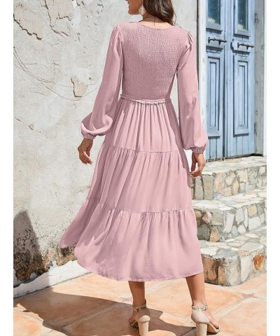 Women's 2024 Casual Long Sleeve Smocked Dress V Neck High Waist Ruffle Tiered Midi Dresses Dark Pink $21.00 Dresses