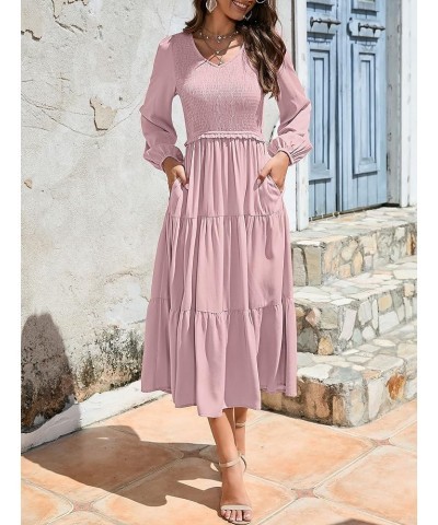 Women's 2024 Casual Long Sleeve Smocked Dress V Neck High Waist Ruffle Tiered Midi Dresses Dark Pink $21.00 Dresses