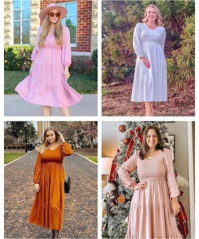 Women's 2024 Casual Long Sleeve Smocked Dress V Neck High Waist Ruffle Tiered Midi Dresses Dark Pink $21.00 Dresses