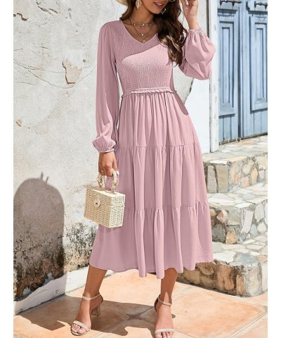 Women's 2024 Casual Long Sleeve Smocked Dress V Neck High Waist Ruffle Tiered Midi Dresses Dark Pink $21.00 Dresses