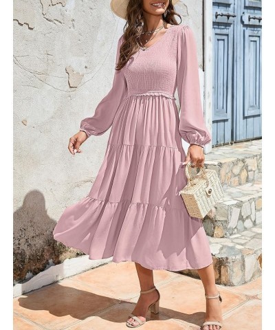 Women's 2024 Casual Long Sleeve Smocked Dress V Neck High Waist Ruffle Tiered Midi Dresses Dark Pink $21.00 Dresses