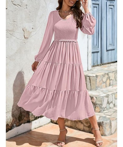 Women's 2024 Casual Long Sleeve Smocked Dress V Neck High Waist Ruffle Tiered Midi Dresses Dark Pink $21.00 Dresses