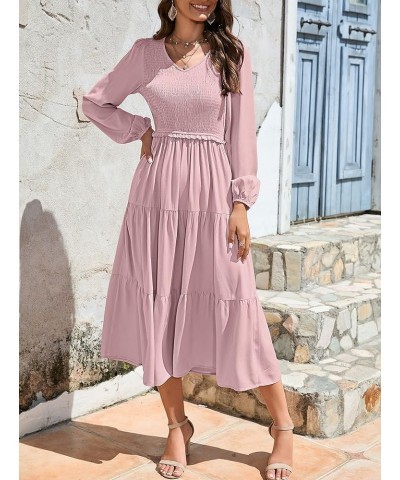 Women's 2024 Casual Long Sleeve Smocked Dress V Neck High Waist Ruffle Tiered Midi Dresses Dark Pink $21.00 Dresses