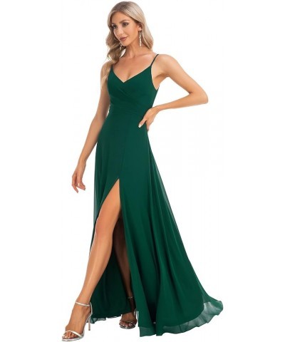 Women's Summer Spaghetti Strap V Neck Chiffon Formal Wedding Bridesmaid Split Maxi Dress 0128B Dark Green $30.66 Dresses