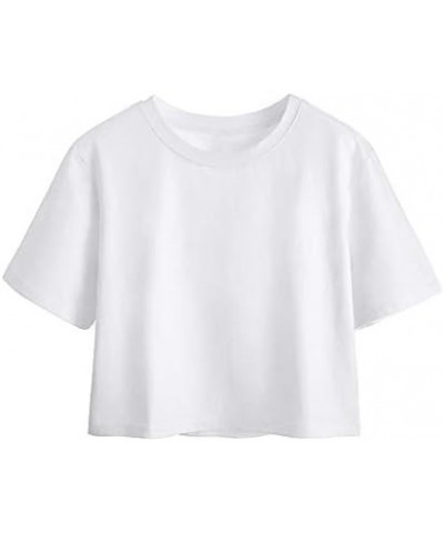 Women's Casual Loose Short Sleeve Crop Top Basic Solid Crop Crew Neck Tee Shirts 115-2 Packs-white+black/O-neck $9.20 T-Shirts