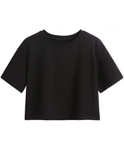 Women's Casual Loose Short Sleeve Crop Top Basic Solid Crop Crew Neck Tee Shirts 115-2 Packs-white+black/O-neck $9.20 T-Shirts