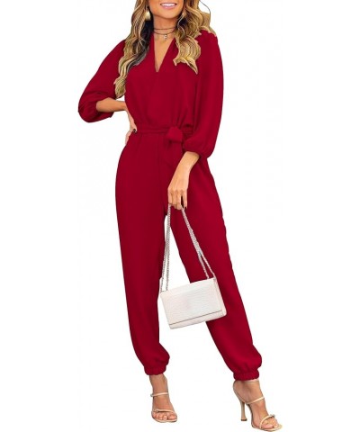 Women's 2024 Fall Jumpsuits Casual Dressy One Piece Outfits V Neck Long Sleeve Belt Pockets Long Pants Romper Red $24.96 Jump...