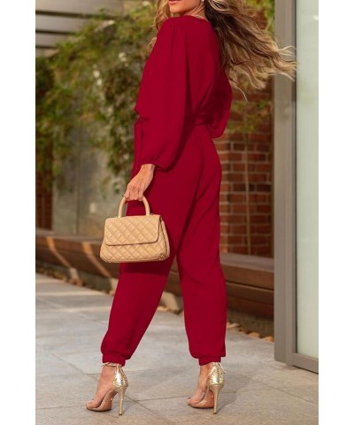 Women's 2024 Fall Jumpsuits Casual Dressy One Piece Outfits V Neck Long Sleeve Belt Pockets Long Pants Romper Red $24.96 Jump...