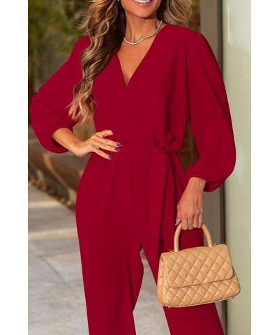 Women's 2024 Fall Jumpsuits Casual Dressy One Piece Outfits V Neck Long Sleeve Belt Pockets Long Pants Romper Red $24.96 Jump...