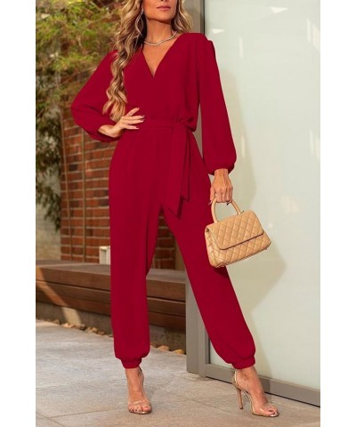 Women's 2024 Fall Jumpsuits Casual Dressy One Piece Outfits V Neck Long Sleeve Belt Pockets Long Pants Romper Red $24.96 Jump...