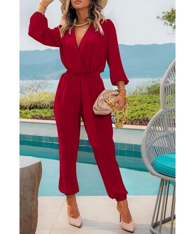 Women's 2024 Fall Jumpsuits Casual Dressy One Piece Outfits V Neck Long Sleeve Belt Pockets Long Pants Romper Red $24.96 Jump...