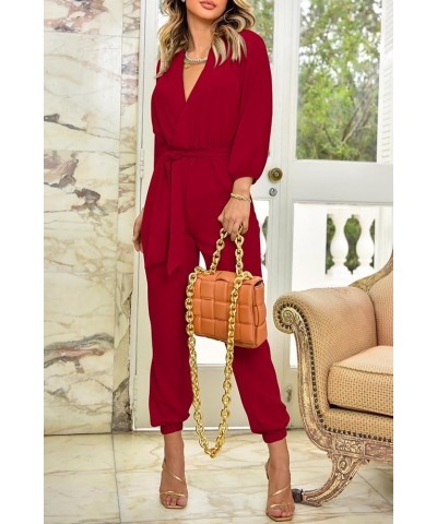 Women's 2024 Fall Jumpsuits Casual Dressy One Piece Outfits V Neck Long Sleeve Belt Pockets Long Pants Romper Red $24.96 Jump...