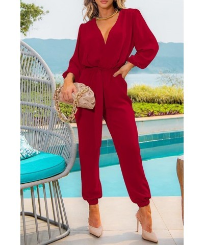 Women's 2024 Fall Jumpsuits Casual Dressy One Piece Outfits V Neck Long Sleeve Belt Pockets Long Pants Romper Red $24.96 Jump...