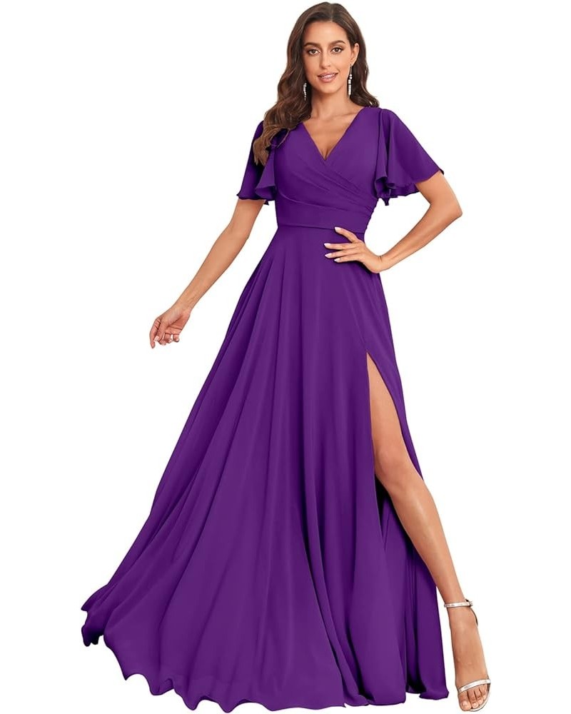 Women's Flutter Sleeve Bridesmaid Dresses for Wedding V Neck Formal Dresses with Slit Purple $40.79 Dresses