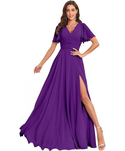 Women's Flutter Sleeve Bridesmaid Dresses for Wedding V Neck Formal Dresses with Slit Purple $40.79 Dresses