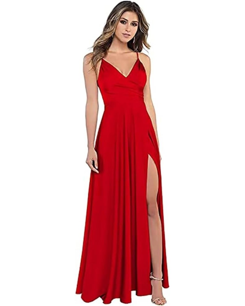 Women's Spaghetti Strap Bridesmaid Dresses with Slit Long A-Line V Neck Satin Formal Evening Party Dress YJY18 Red $43.98 Dre...