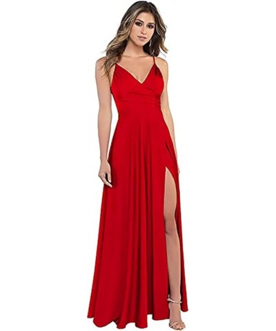 Women's Spaghetti Strap Bridesmaid Dresses with Slit Long A-Line V Neck Satin Formal Evening Party Dress YJY18 Red $43.98 Dre...